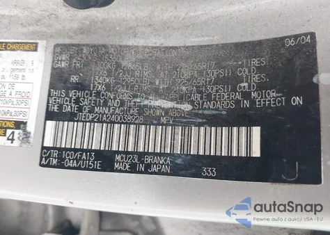 2004 Toyota Highlander Limited V6 from USA, damaged, VIN JTEDP21A240038928